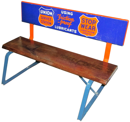Union Gasoline Service Station porcelain and wood bench, one of only two examples known. Image courtesy Showtime Auction Services.